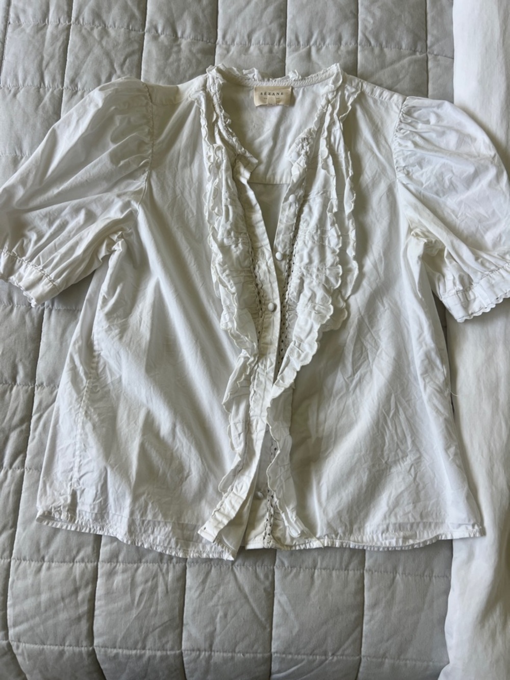 Sezane White Ruffle-Trim Puff Sleeve Blouse